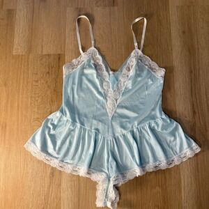 Vintage Delicates Teddy Romper Blue Lace Trim Lingerie Medium Made in USA Bridal